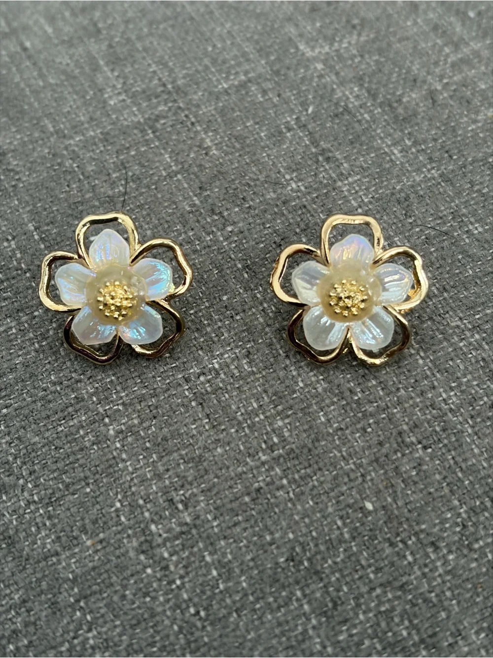 Iridescent White Flower Stud Earrings Gold-Tone Layered Petals